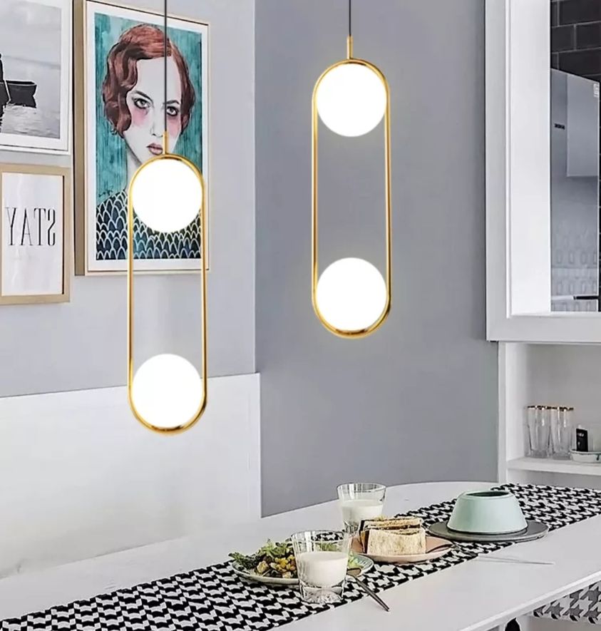 tav14 Pendul modern Oval Led, 2 corpuri de iluminat E27, Metal , sticlă , Auriu - imagine 1
