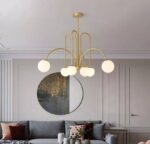 Lustra Led 6 corpuri de iluminat sferice, G9 , metal si sticla, Auriu