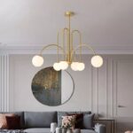 Lustra Led 6 corpuri de iluminat sferice, G9 , metal si sticla, Auriu