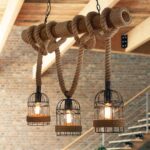 Candelabru rustic din metal, bambus si sfoara cu 3 becuri E 27