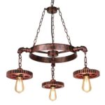 Candelabru stil industrial, Rustic Gear , roți zimțate și țevi metalice , metal antichizat, 3 x E27 ,Maro
